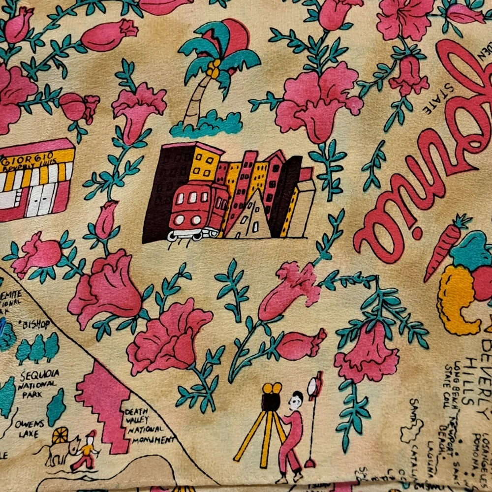 Silk Georgio Beverly Hills California Graphic Scarf in Pink and Teal